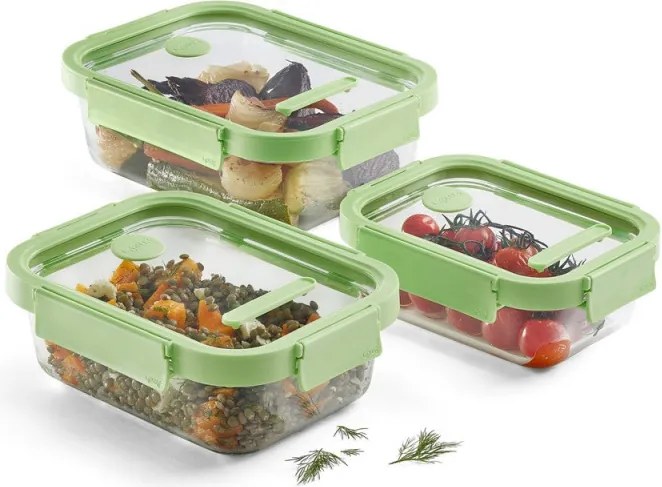 Set 3 caserole cu capace din sticla Lekue 1009492, Accesoriu de marcare, Silicon, -20°C/+100°C, Verde