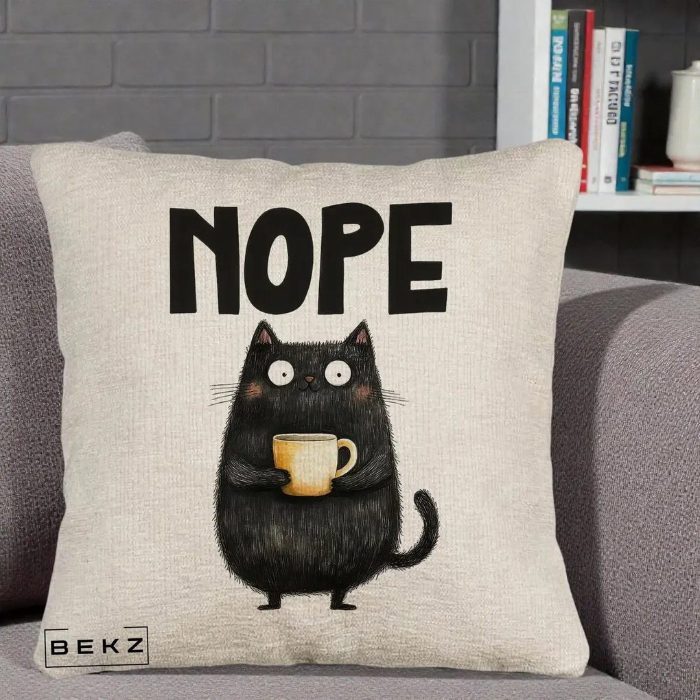 Perna Decorativa NOPE Pisica Neagra Cafea, 40x40 cm, Bej Canapea, Husa Detasabila, Perna Inclusa, BEKZ®