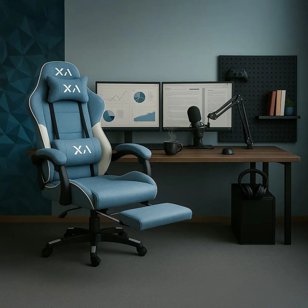 Scaun de gaming bleu din stofa cu suport de picioare OFF 295