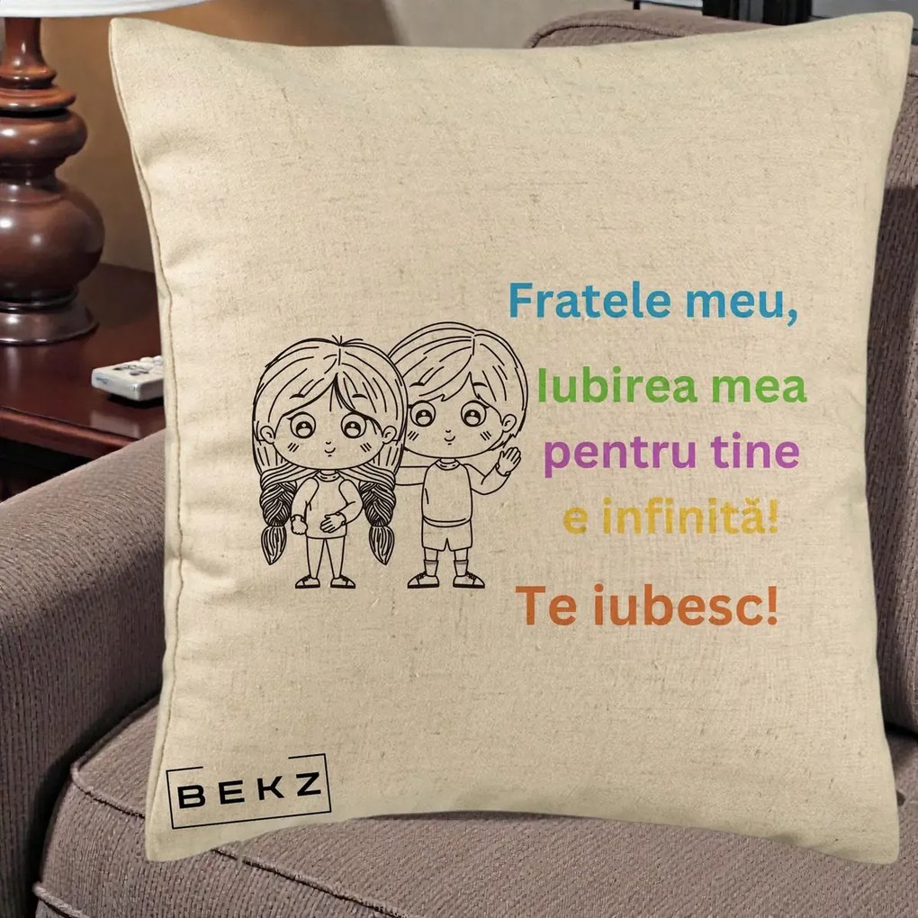 Cadou pentru Frate - Perna Personalizata Fratele Meu Te Iubesc Copii Anime Colorat, 40x40 cm, Bej, Husa Detasabila, Perna Inclusa, BEKZ®