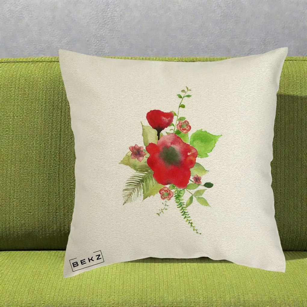 Perna Decorativa Buchet Rosu Acuarela, 40x40 cm, Ecru, Husa Detasabila, Perna Inclusa, BEKZ®