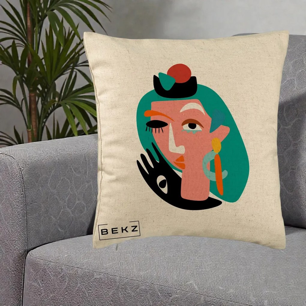Perna Decorativa Portret Abstract Matisse Turcoaz, 40x40 cm, Bej, Husa Detasabila, Perna Inclusa, BEKZ®