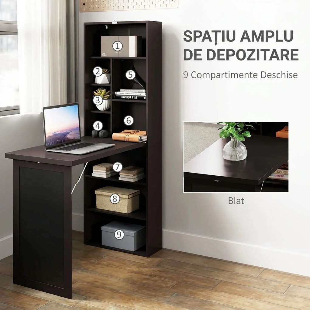 HOMCOM Birou Modern Pliabil cu Bibliotecă și Tablă, din Lemn și Metal, 98x51x153 cm, Maro | Aosom Romania