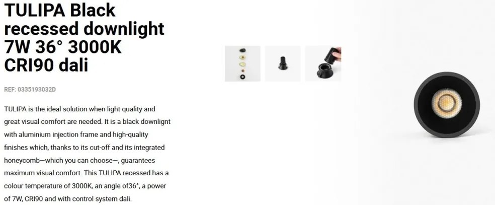 Spot LED incastrabil TULIPA Black recessed downlight 7W 36° 3000K CRI90 dali