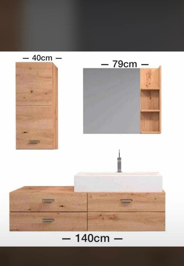 Set baie ~Dolomites~ format din 3 piese, lavoar inclus, material fronturi MDF, culoare stejar