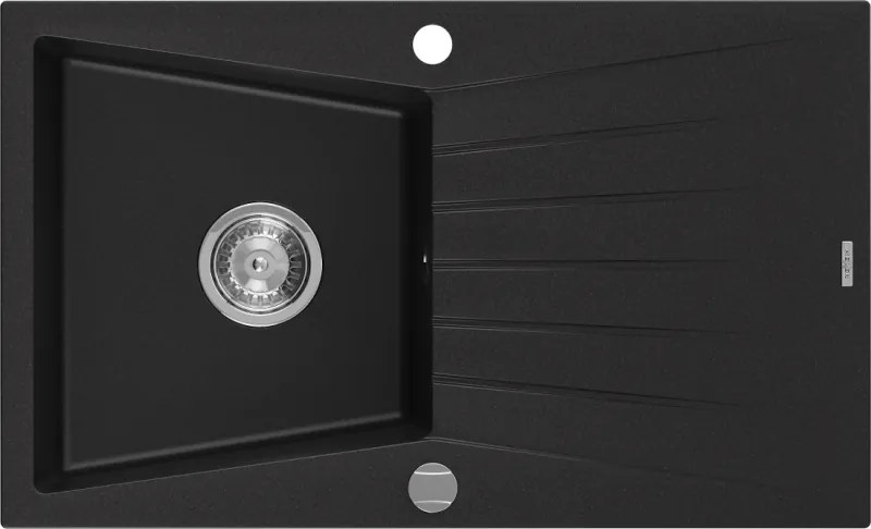 Mexen Cesar chiuvetă de granit cu 1 compartiment și scurgător 775 x 470 mm, negru, sifon crom - 6514771010-77