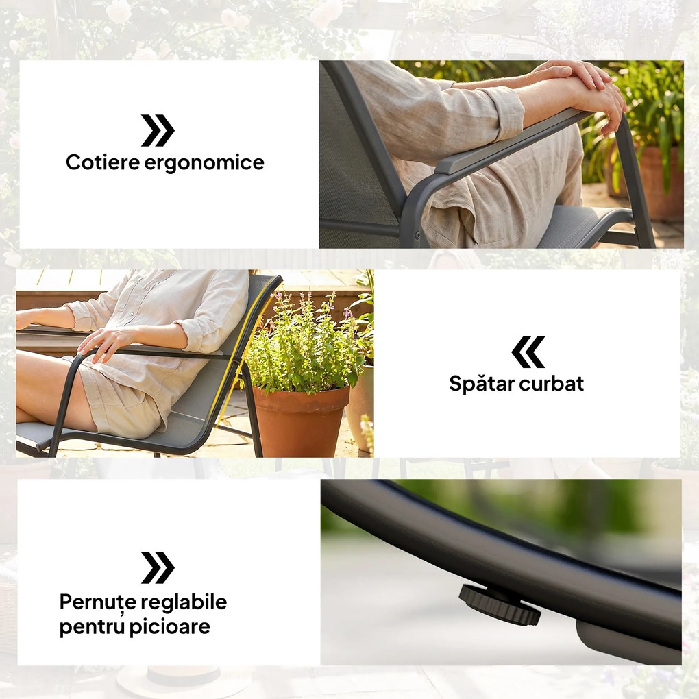 Outsunny Set Bistro din 3 Piese, Set de Grădină cu 2 Scaune de Exterior cu Mișcare de Legănare din Textilenă Respirabilă, Masă cu Blat din Sticlă, Set Masă și Scaune din Oțel pentru Terasă și Balcon, Gri | Aosom Romania