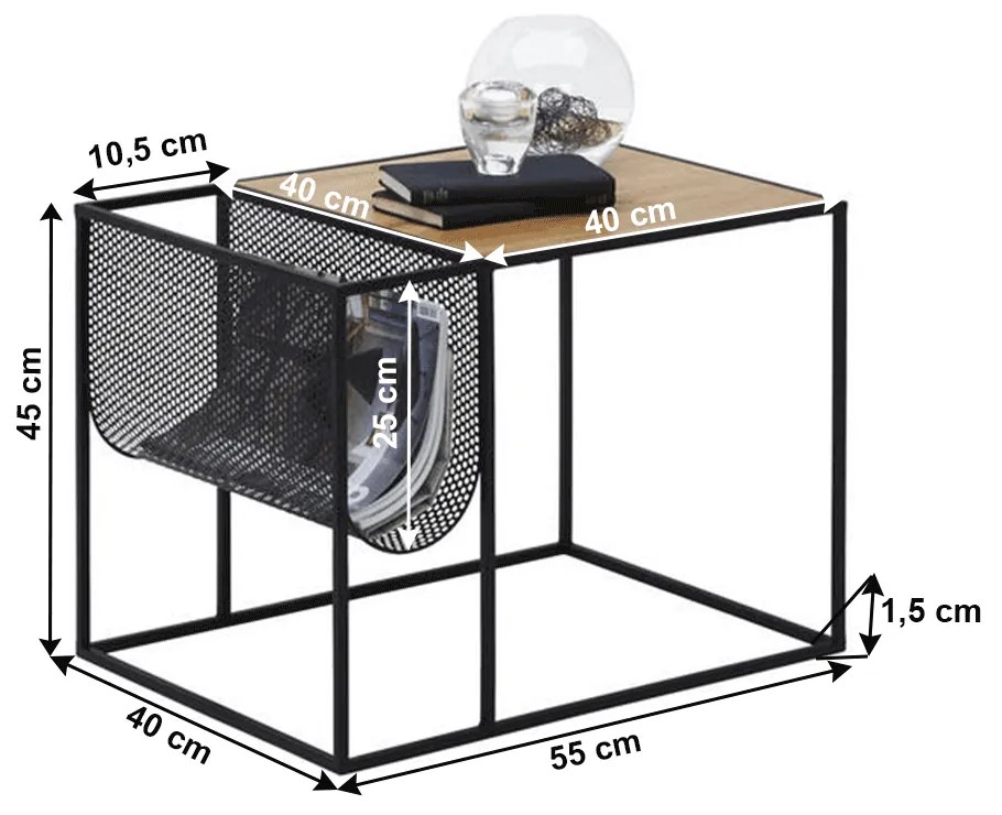 Masă laterală, din metal / MDF, negru / stejar, FLYN