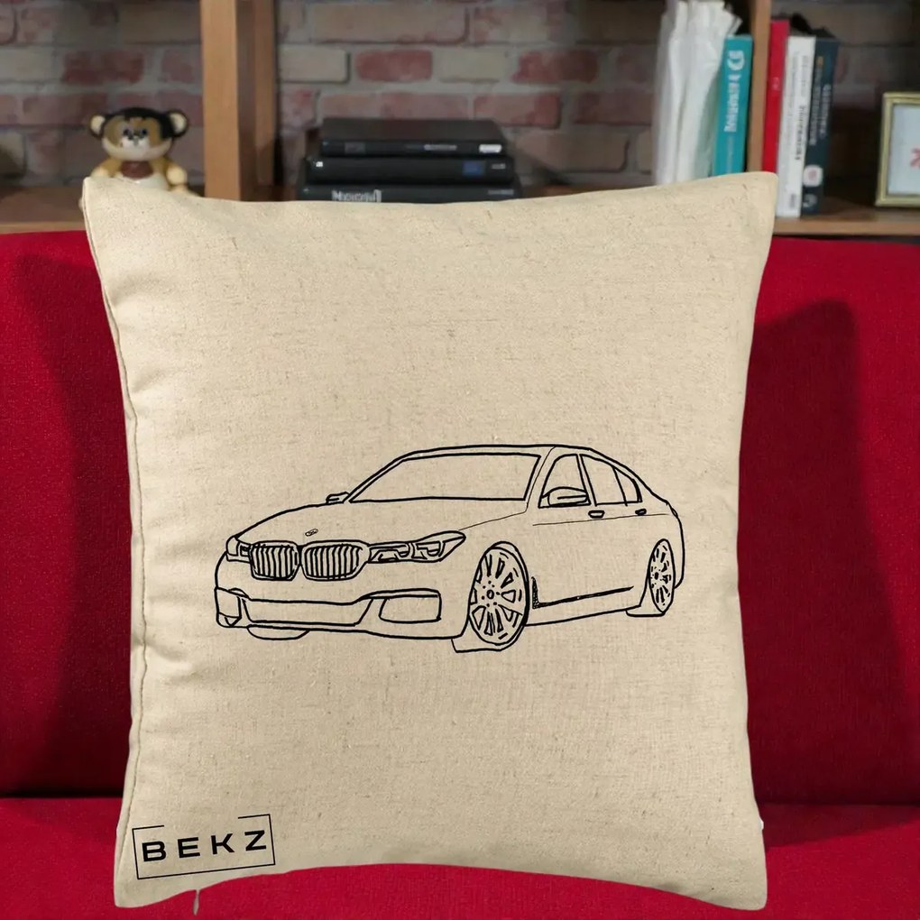 Perna Personalizata BMW Seria 7 Linie Minimalista, 40x40 cm, Bej, Husa Detasabila, Perna Inclusa, BEKZ®