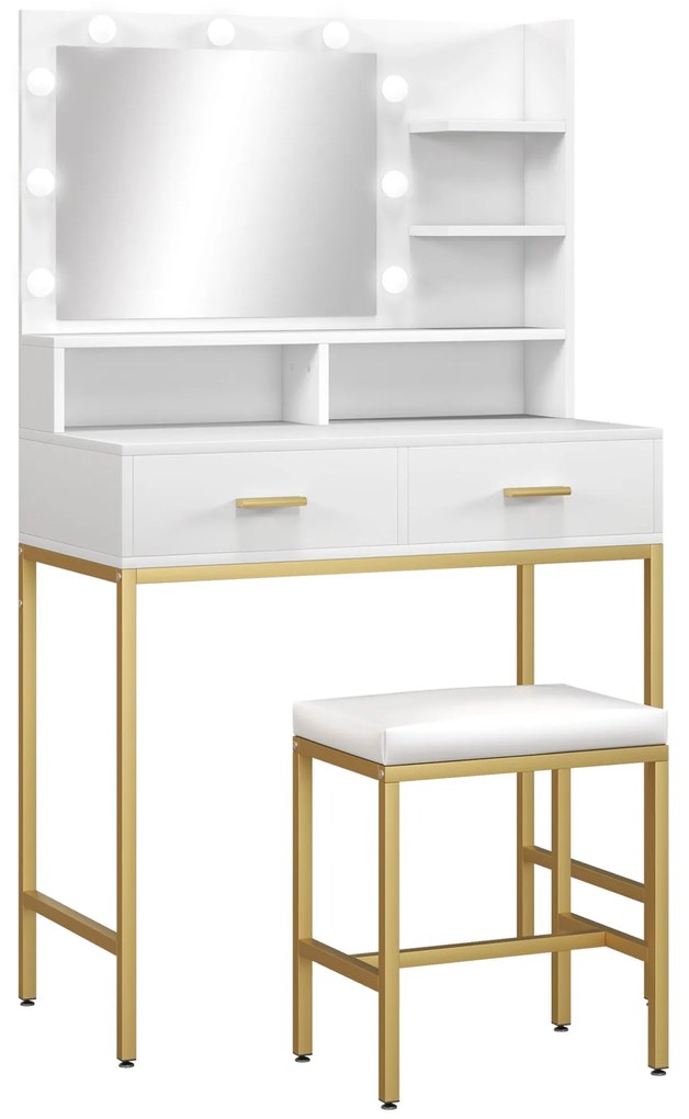 HOMCOM Masă de Machiaj cu Oglindă LED, Scaun și Rafturi, 80x40x138 cm, Alb | Aosom Romania