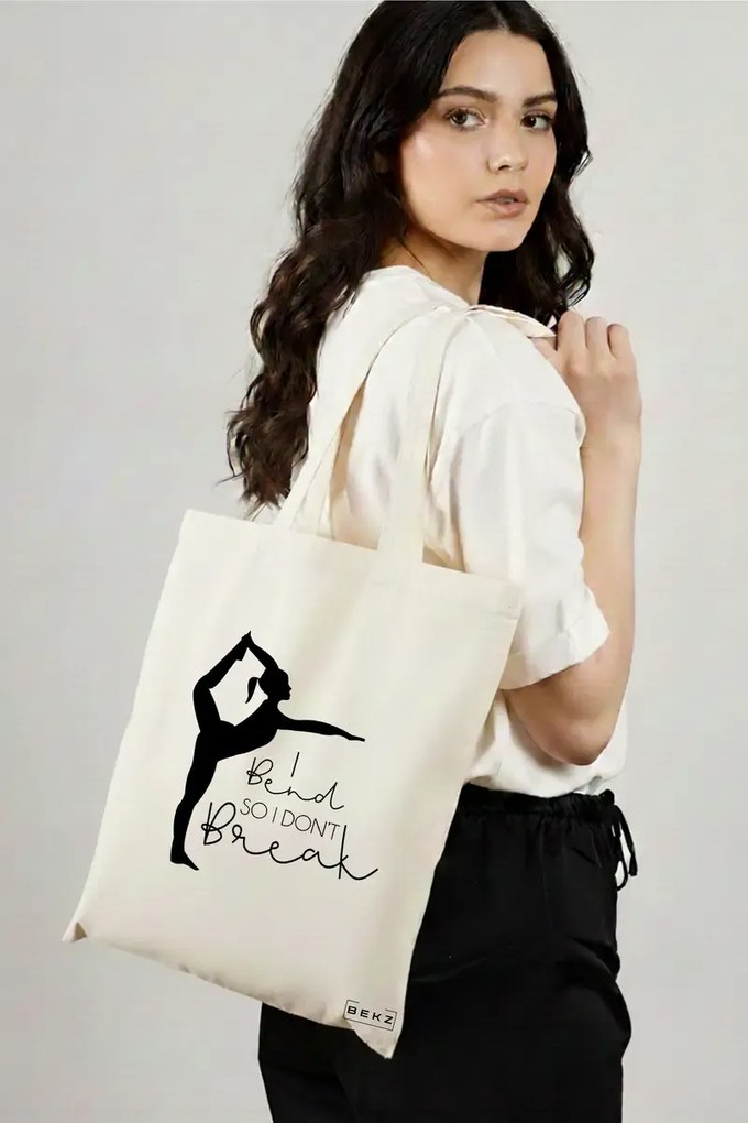 Sacosa de Panza pentru Cumparaturi, Geanta Tote Yoga I bend so I don't break, 38x34.5 cm, Alba, BEKZ®