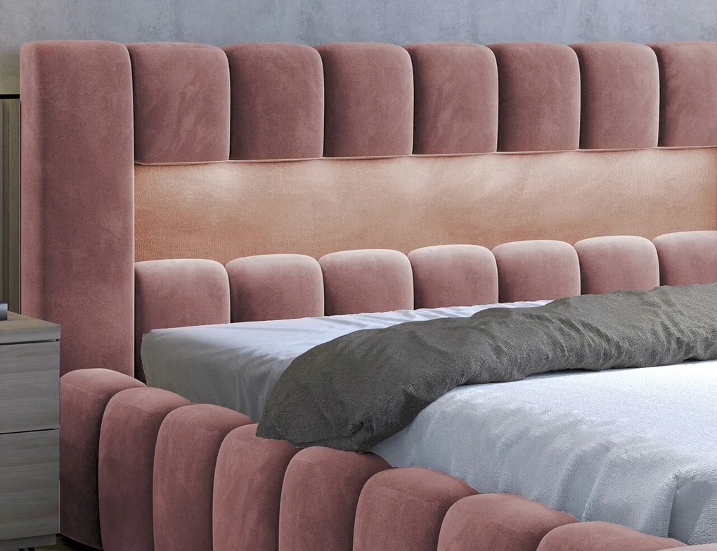 Pat tapitat cu somiera si lada depozitare, 140x200 cm, ELTAP, Lamica, lemn/poliester, roz