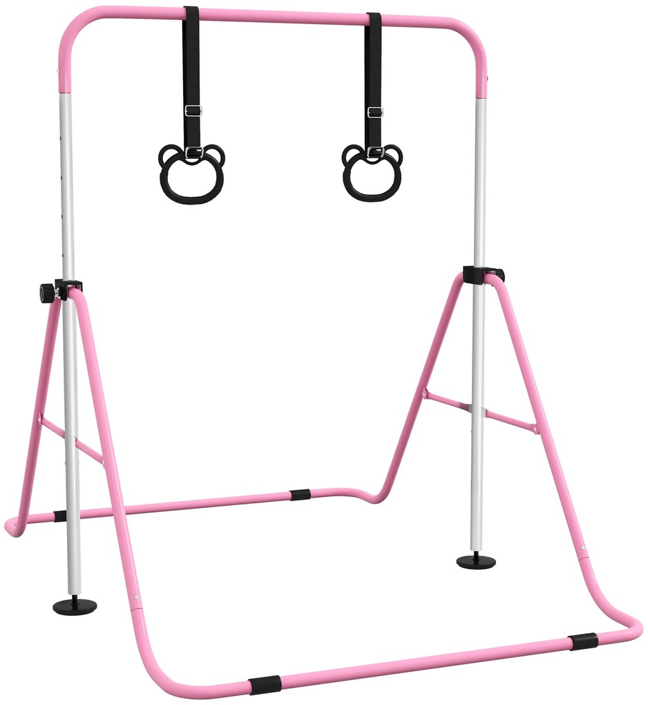 HOMCOM Paralele, Bară de Antrenament cu Înălțime Reglabilă cu 2 Inele și Covoare Antiderapante, 148x105x88-128 cm, Roz | Aosom Romania