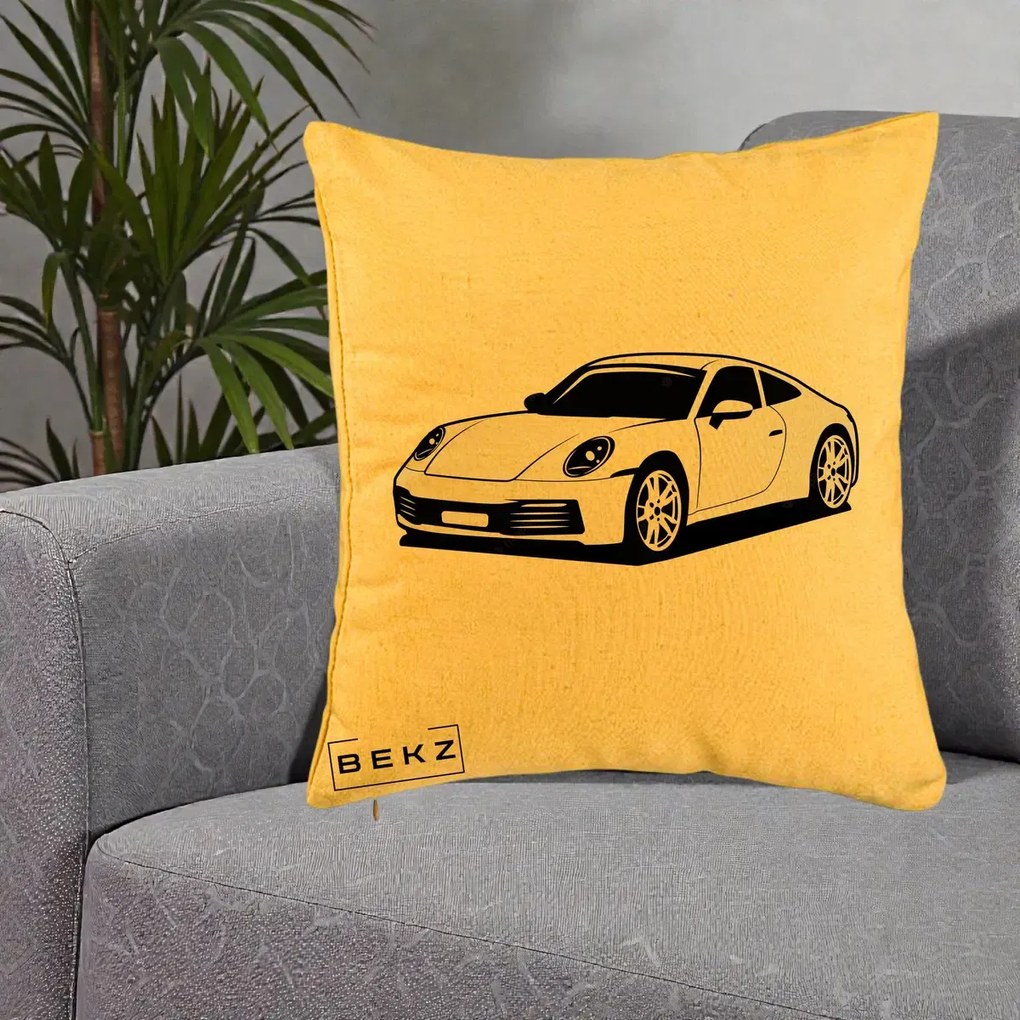 Perna Personalizata Porsche 911 Silueta, 40x40 cm, Galben, Husa Detasabila, Perna Inclusa, BEKZ®