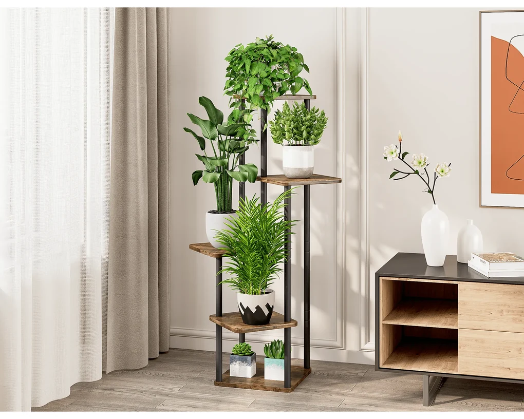 Suport de flori din metal, negru/lemn rustic, ADITE | BIANO