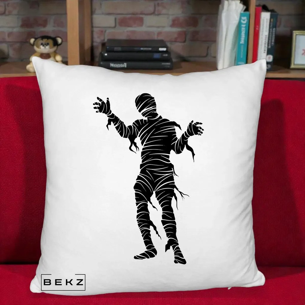 Perna Decorativa Mormii Infricosat Silueta Neagra Halloween, 40x40 cm, Alb Pufos, Husa Detasabila, Perna Inclusa, BEKZ®