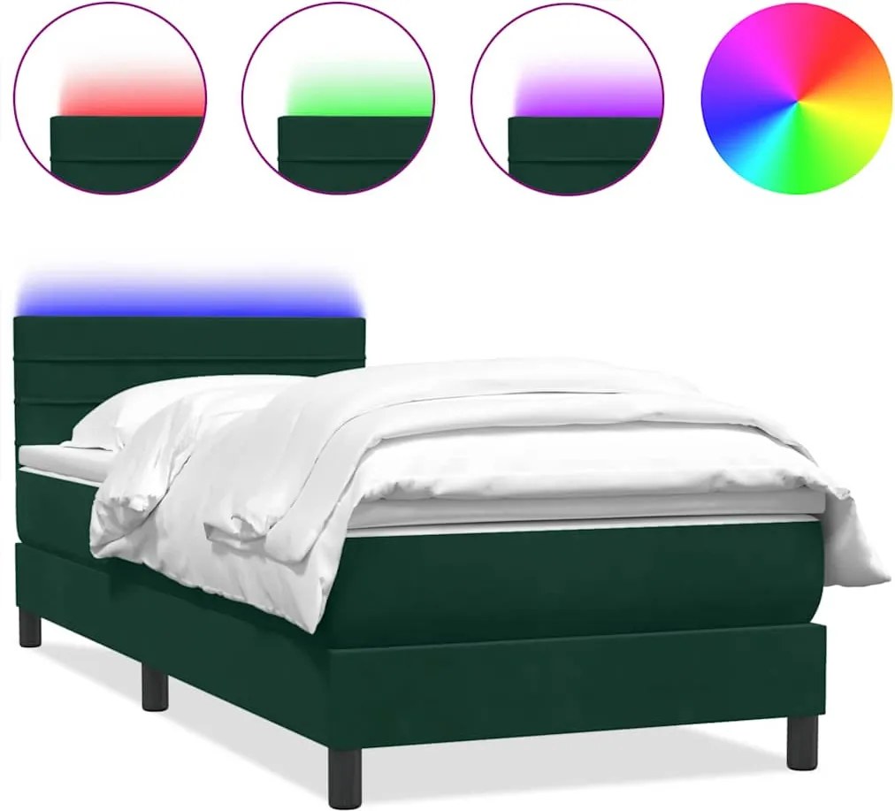 vidaXL Pat cu arcuri cu saltea și LED, verde închis, 80x220 cm, catifea