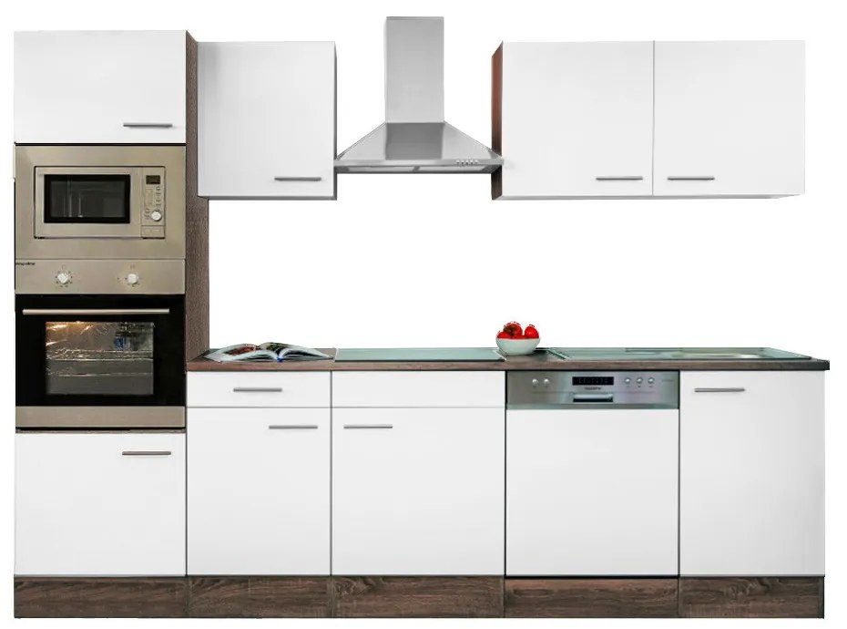 Mobilă de bucătărie Yorki cu corp din stejar Yorki, față alb satinat, dimensiune 280 cm