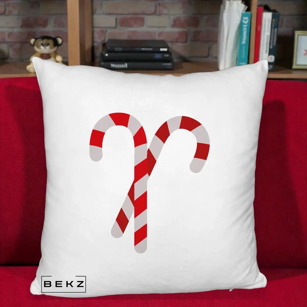 Perna Decorativa Candy Cane de Craciun, 40x40 cm, Alb Pufos, Husa Detasabila, Perna Inclusa, BEKZ®