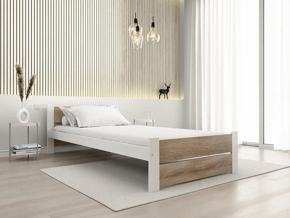 Pat de o persoana stejar sonoma/alb, IKAROS DOUBLE 90 x 200 cm Saltele: Cu saltele Sommera 18 cm, Somiera pat: Cu lamele curbate