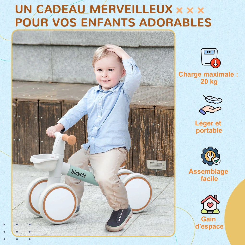 AIYAPLAY Bicicletă de Echilibru Copii 4 roți șa reglabilă, ghidon ergonomic aliaj aluminiu PP, copil 1-3 ani, Gri Maro Verde | Aosom Romania