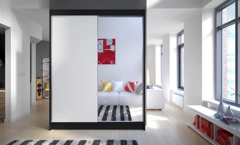 Dulap cu usi glisante si oglinda 150x200 cm, Jordi, ADRK Furniture (Culoare: Negru)