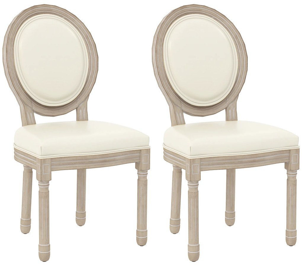 HOMCOM Set de 2 scaune de sufragerie tip medaillon în stil Louis XVI, din lemn masiv patinat, cu șezut în înveliș sintetic crem | Aosom Romania