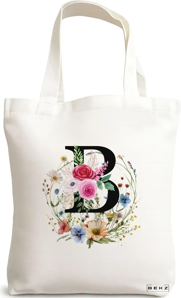 Sacosa de Panza pentru Cumparaturi, Geanta Tote, Cu litera B in Coronita Florala, 38x34.5 cm, Alba, BEKZ®