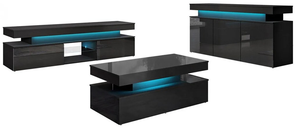 Camera de zi Merced N105Negru, Negru lucios, Părți separate, Cu comodă tv, Cu componente suplimentare, MDF, PAL laminat