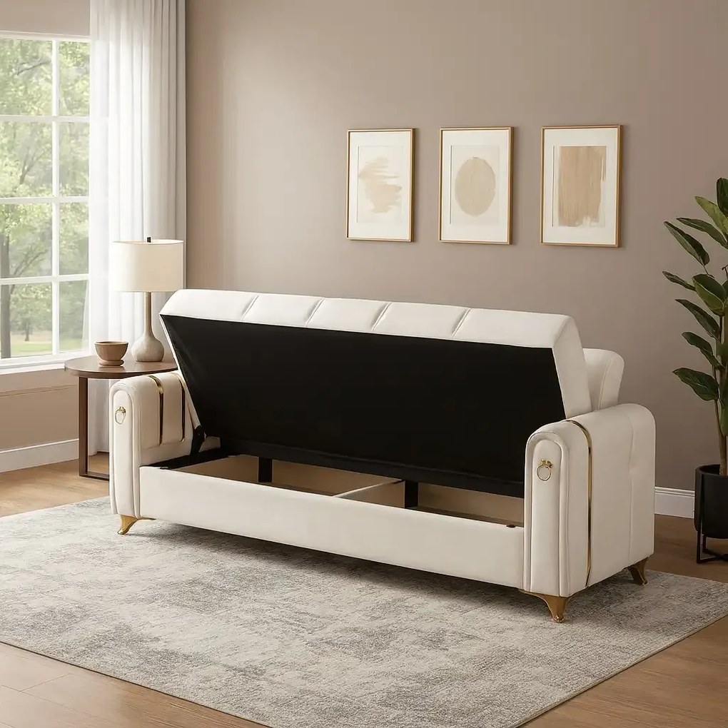 Canapea extensibila cu lada de depozitare 220x87x93 cm, maro si detalii aurii – Camara