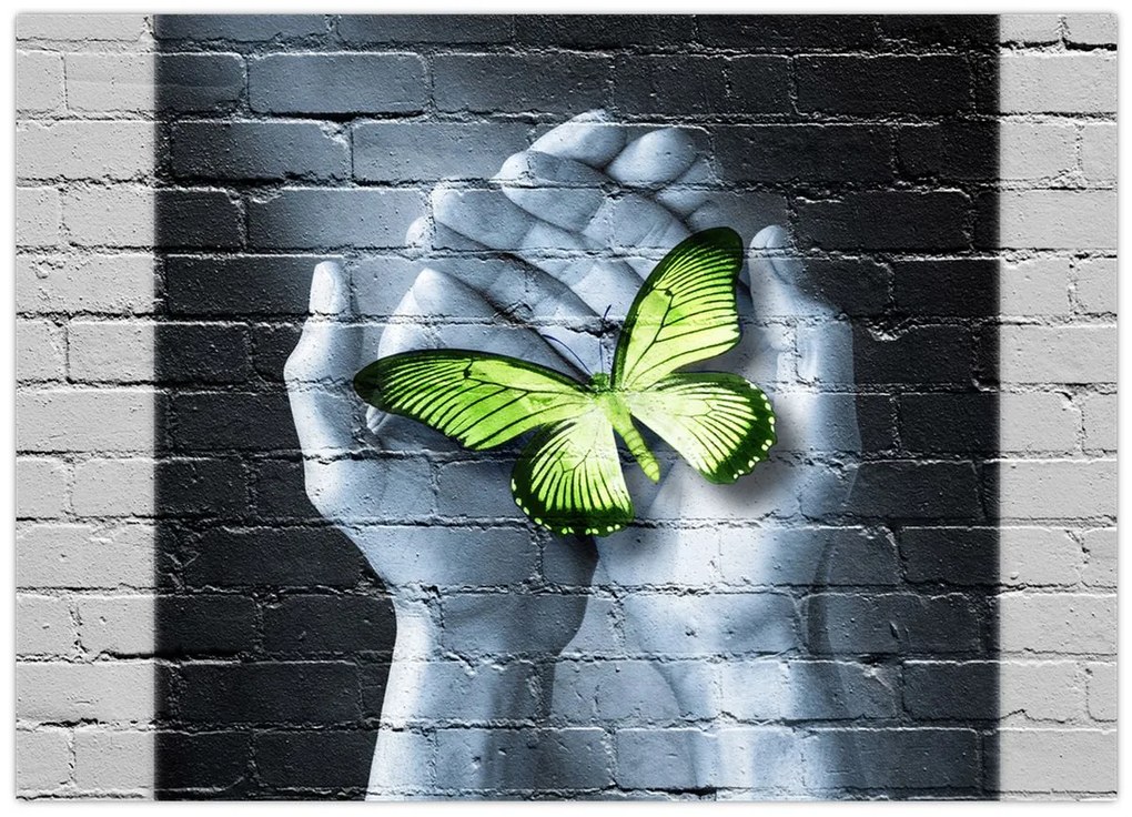 Tablou pe sticlă - Fluture verde în perete (70x50 cm)