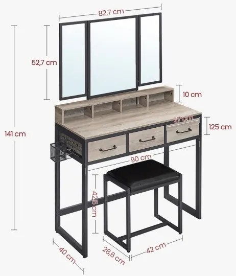 Set masă de toaletă cu taburet FLORA, 28,6 x 42 cm, gri/negru