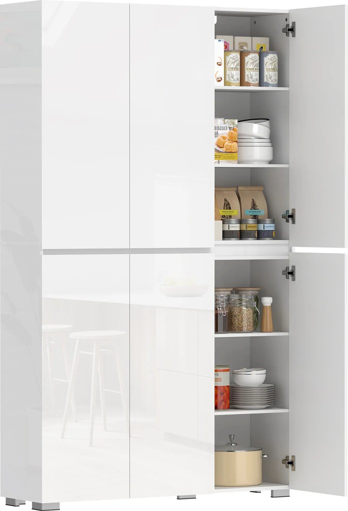 HOMCOM Bufet înalt pentru bucătărie dulap de bucătărie cu finisaj lucios 6 uși cu închidere silențioasă rafturi reglabile alb | Aosom Romania