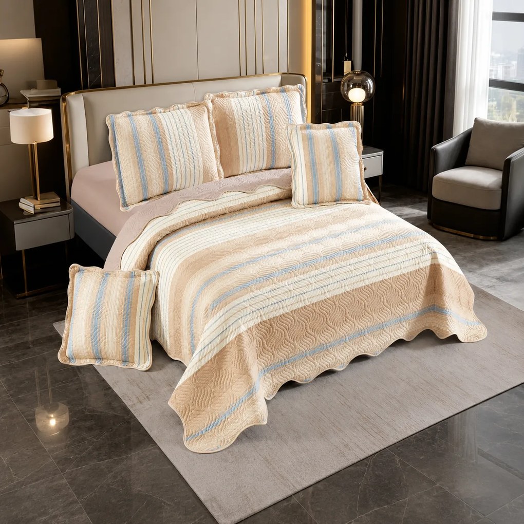 Cuvertură bumbac 100%, crem cu dungi bej, 5 piese, 230x250 cm, CB532