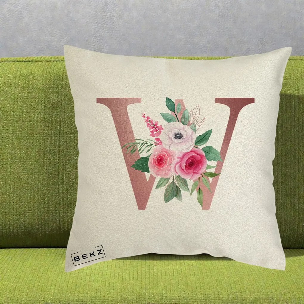 Cadou Personalizat - Perna Personalizata Monograma Rose Gold Litera W cu Trandafiri si Anemona, 40x40 cm, Ecru, Husa Detasabila, Perna Inclusa, BEKZ®