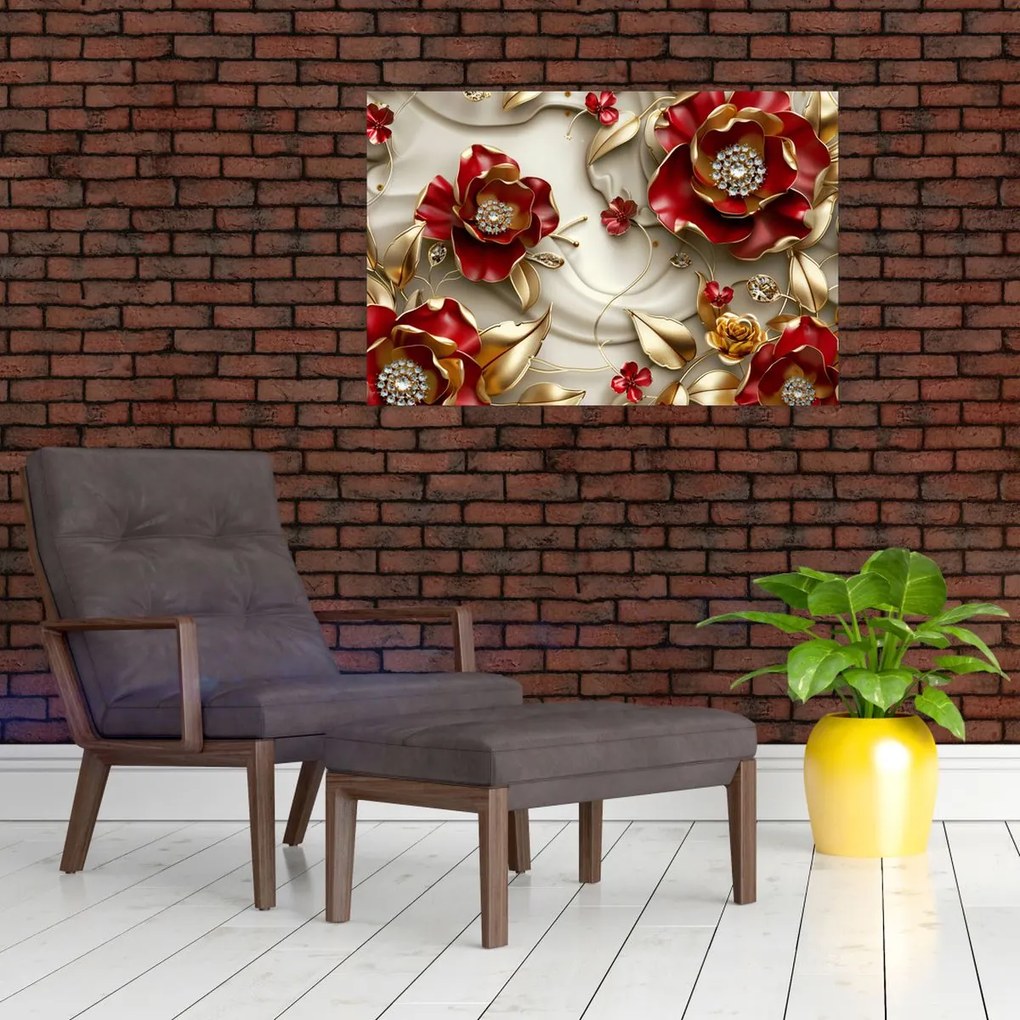 Tablou - Flori 3D Roșu-Auriu (90x60 cm)