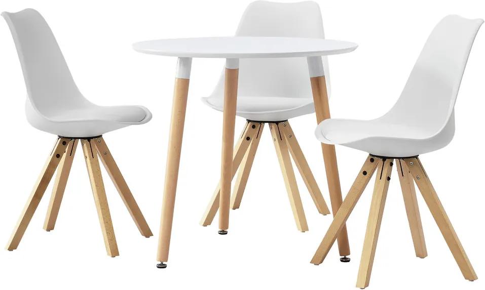 Masa alba bucatarie/salon rotunda design cu 3 scaune albe