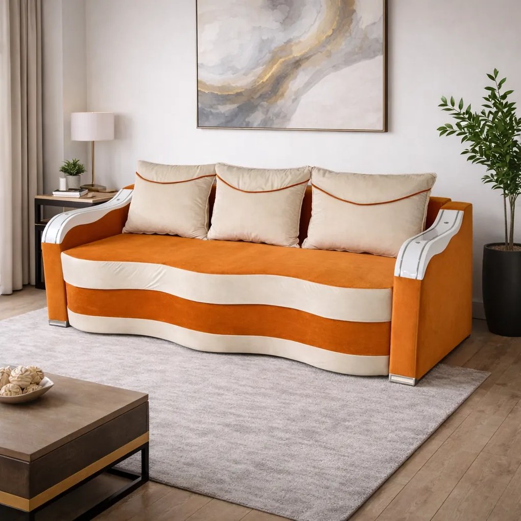 Canapea DIANA extensibila, 3 locuri, cu lada de depozitare, catifea maro cappuccino si crem , 220x100x80 Maro Cappuccino + Crem, Catifea