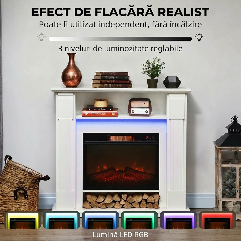 HOMCOM Șemineu Electric Reglabil cu Flacără 3D, Temporizator și Telecomandă Alb | Aosom Romania