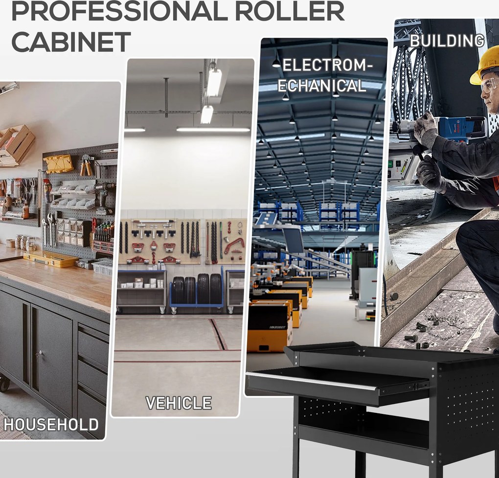 DURHAND Cărucior cu 3 Niveluri din Oțel cu Sertar, Suport Lateral pentru Unelte și Mâner, Negru | Aosom Romania