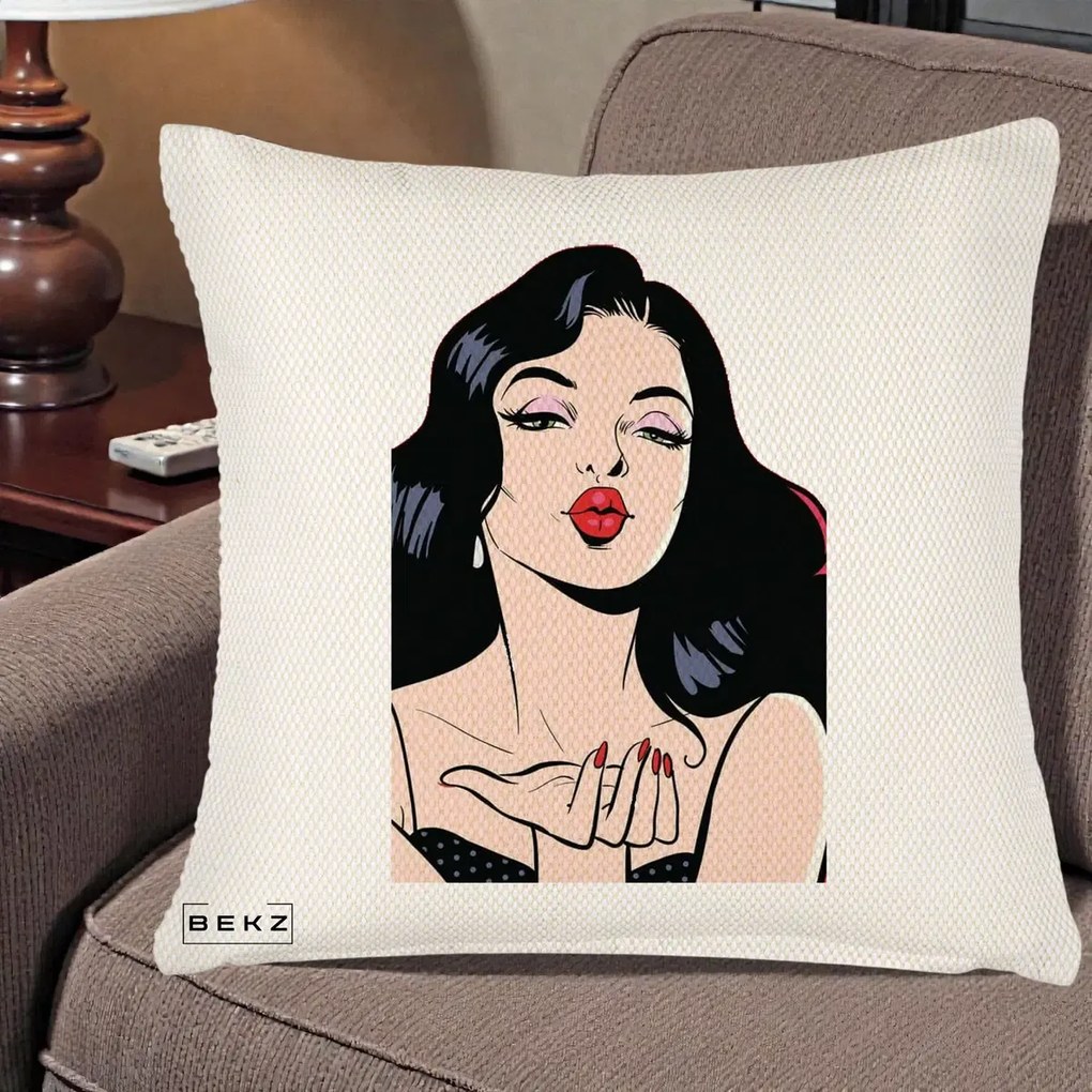 Perna Decorativa Femeie Pop-Art Kiss, 40x40 cm, Crem Reliefat, Husa Detasabila, Perna Inclusa, BEKZ®