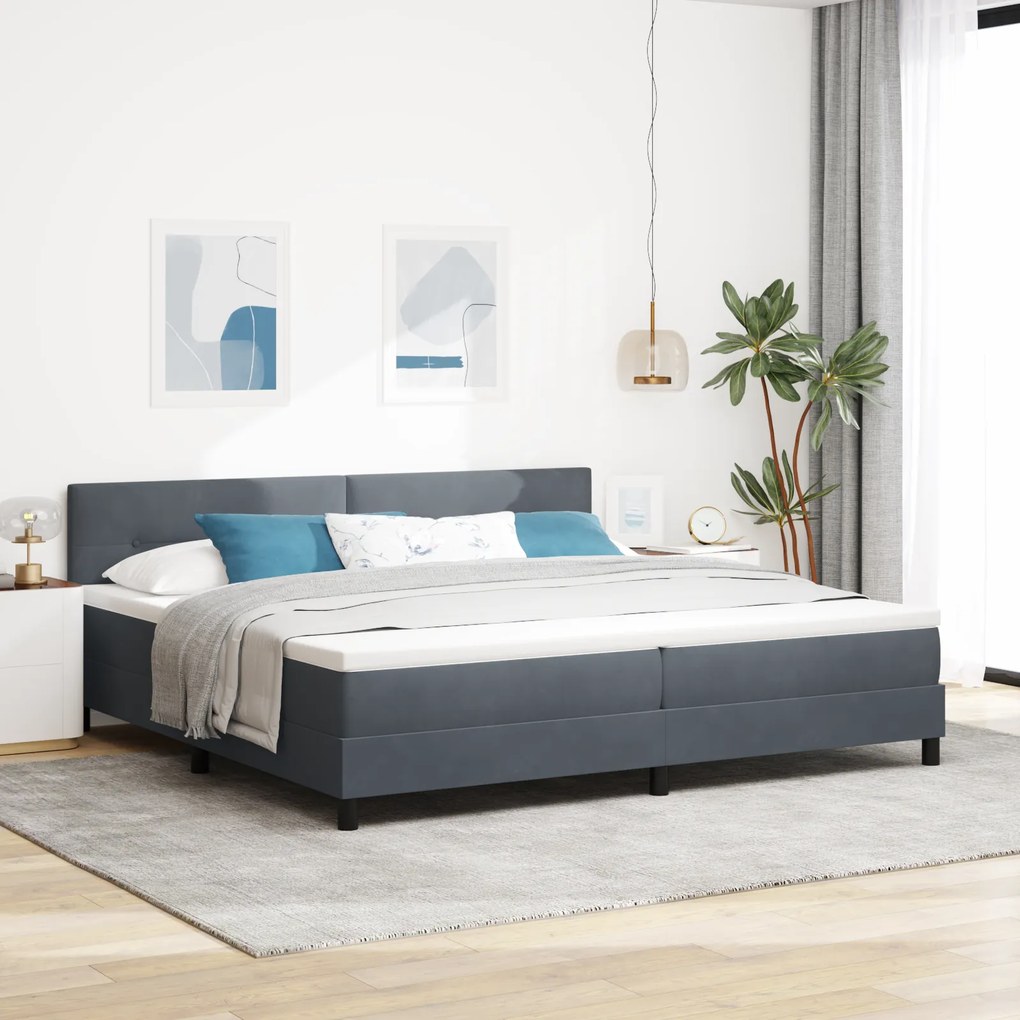 vidaXL Pat cu arcuri și saltea &amp; LED Gri Întunecat 200x200 cm Catifea