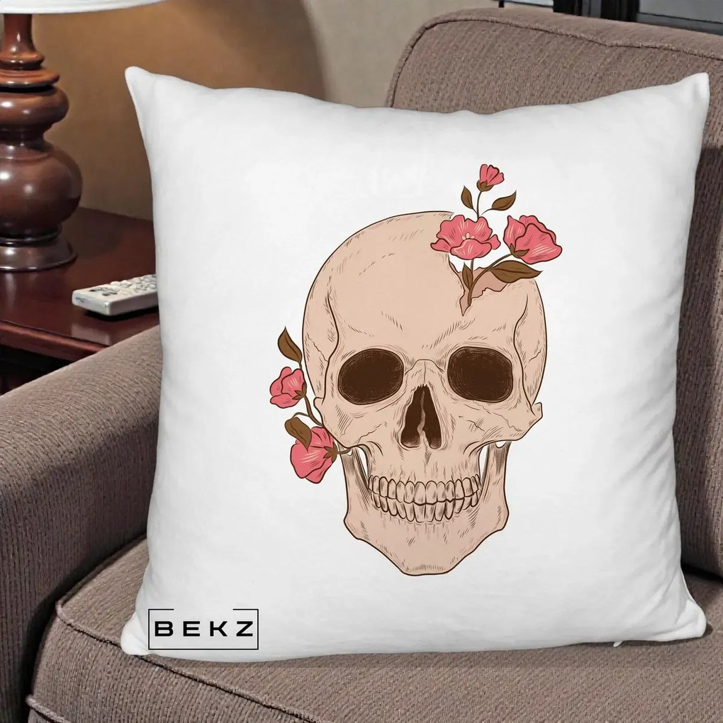 Perna Decorativa Craniu Floral Gothic, 40x40 cm, Alb Pufos, Husa Detasabila, Perna Inclusa, BEKZ®