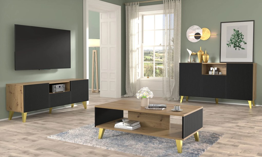 Masă TV PB 150 2D1cu Rowanna (Stejar artisan + Negru + Auriu). 1125096