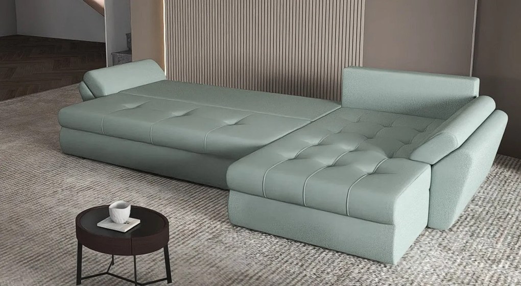 Colțar extensibil dumonde cu ladă de depozitare si sezut confortabil din spuma high-density, Loana XL Enjoy Mint 335x185 cm