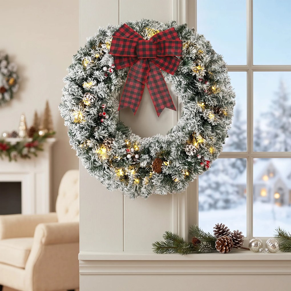 HOMCOM Coroniță de Crăciun 60 cm cu Lumini LED, Fundă în Carouri, Conuri de Pin și Bobițe, Verde | Aosom Romania