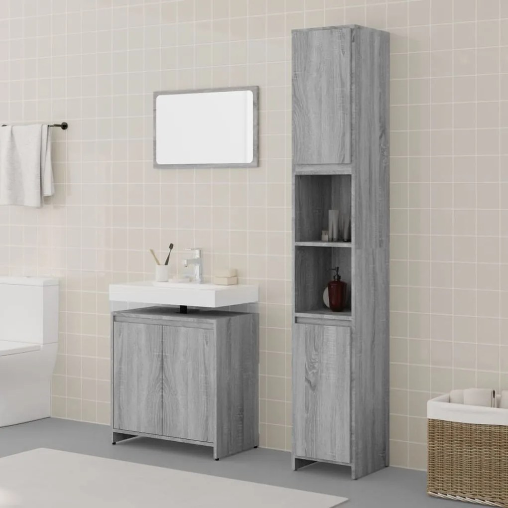 vidaXL Set mobilier de baie, 3 piese, gri sonoma, lemn prelucrat