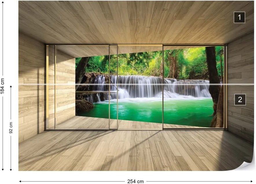 GLIX Fototapet - Waterfall Forest 3D Modern Window View Vliesová tapeta  - 254x184 cm