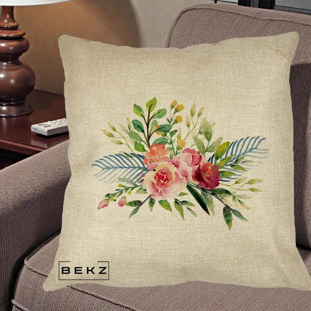 Perna Decorativa Buchet Flori Acuarela Roz-Verde, 40x40 cm, Crem, Husa Detasabila, Perna Inclusa, BEKZ®