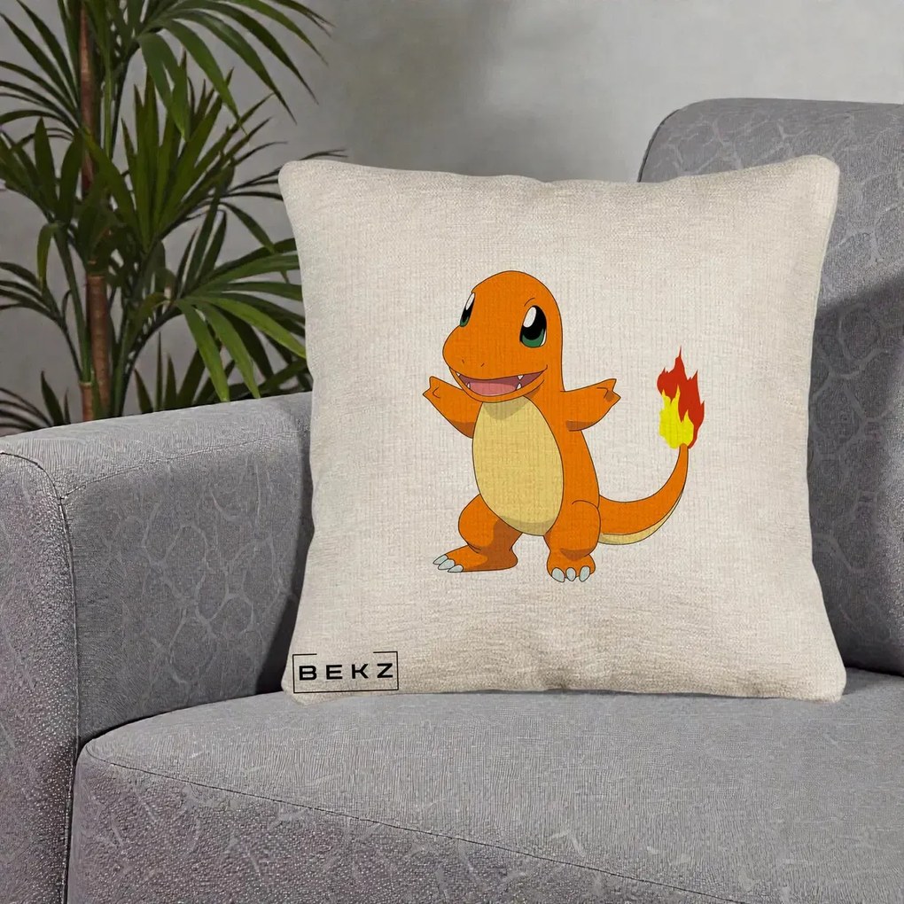 Perna Personalizata Charmander Pokemon, 40x40 cm, Bej Canapea, Husa Detasabila, Perna Inclusa, BEKZ®